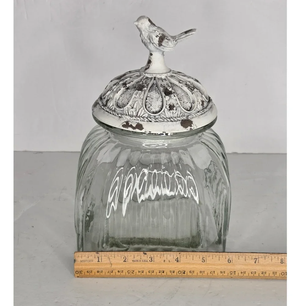 Ribbed Clear Glass Canister With White‎ Song Bird Chippy Paint Lid Cookie Jar